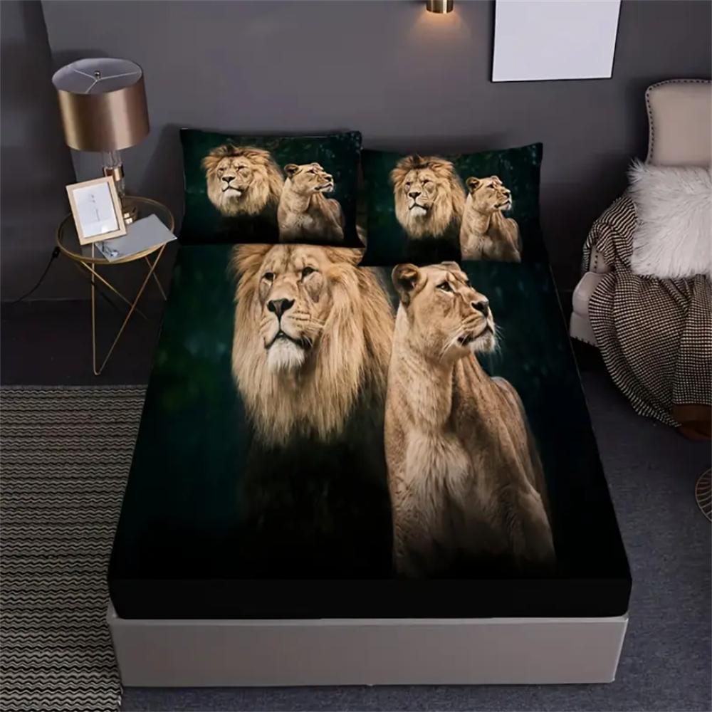 Luxurious Lion-Themed Fitted Sheet Set 2/3pcs - Ultra-Soft Animals Fabric with Deep Pocket - Ideal for Bedroom and Dorm Room
