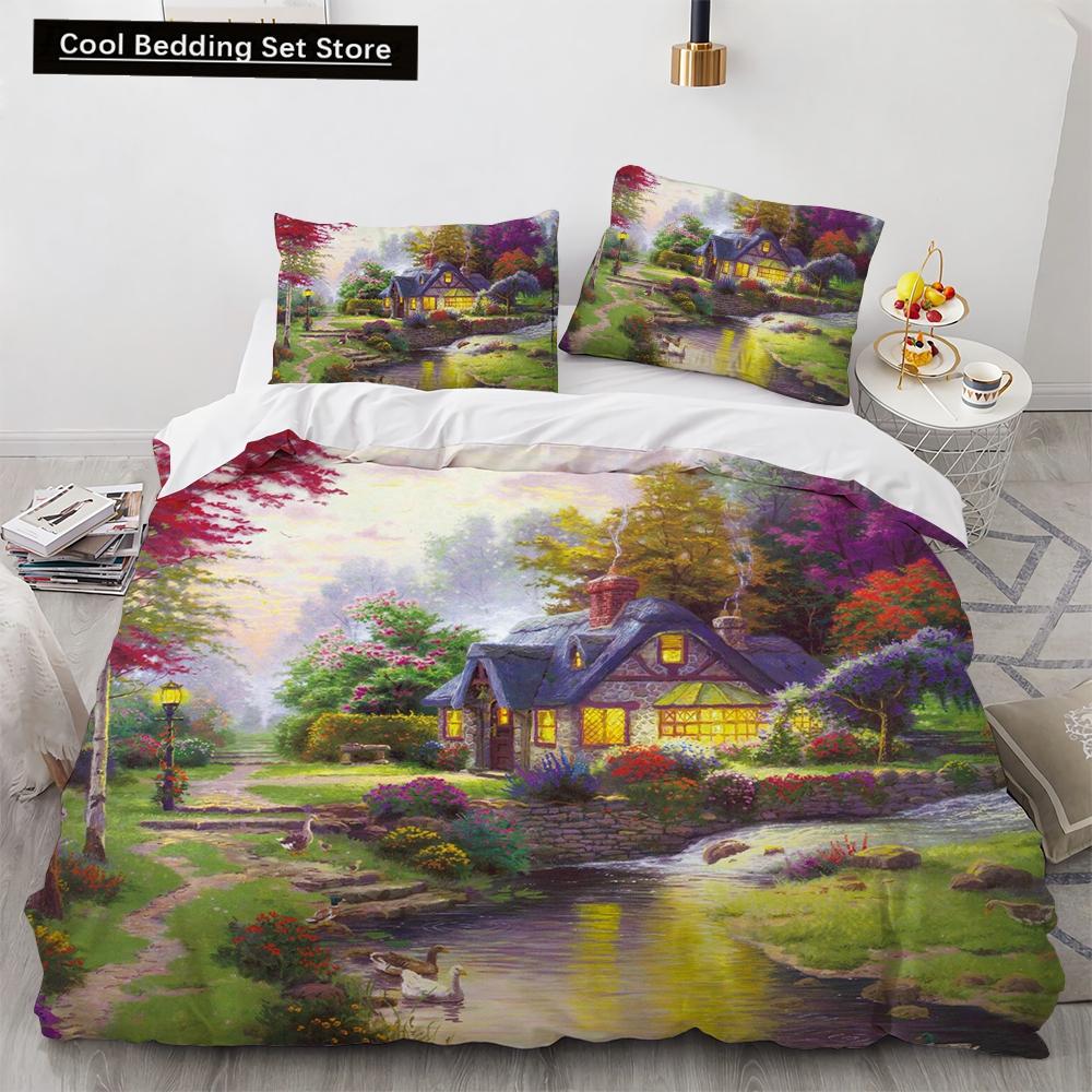 Oil Painting King Queen Duvet Cover Vintage Building Landscape Bedding Set for Adults Retro Art 2/3pcs polyester Quilt Cover