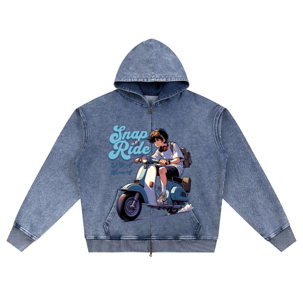 DTG print Knitted Denim Zip-Up Hoodie Scooter Graphic Brother Print Zipper Hoodies  