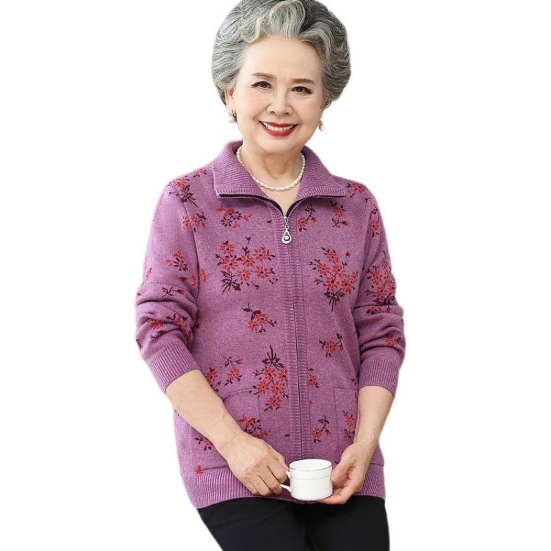 Grandma autumn coat women's middle-aged and elderly sweater cardigan old man old woman knitted sweater mother fleece top