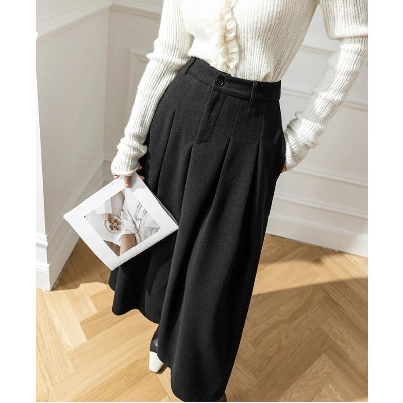 Elegant Women Faux Woolen Skirts for Office Ladies Pockets Casual Loose A-Line High Waist Midi Skirt Autumn Winter