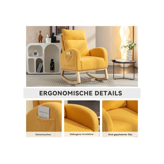 Fauteuil à bascule moderne du milieu du siècle, tissu ours en peluche, assise rembourrée, jaune