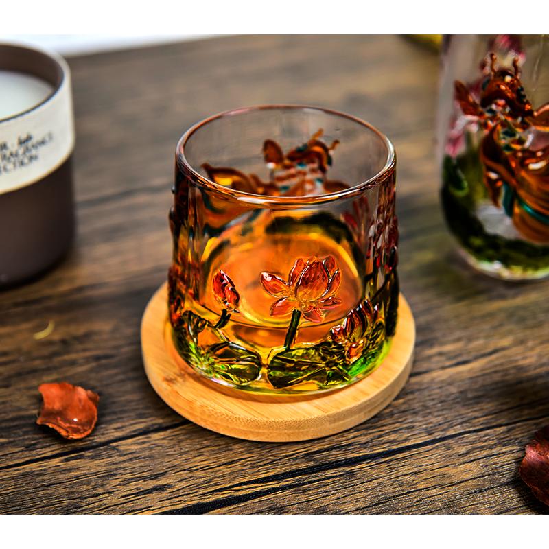 Creative relief painted country tide wind koi fish rotating tumbler whiskey wine glass crystal glass foreign wine cup