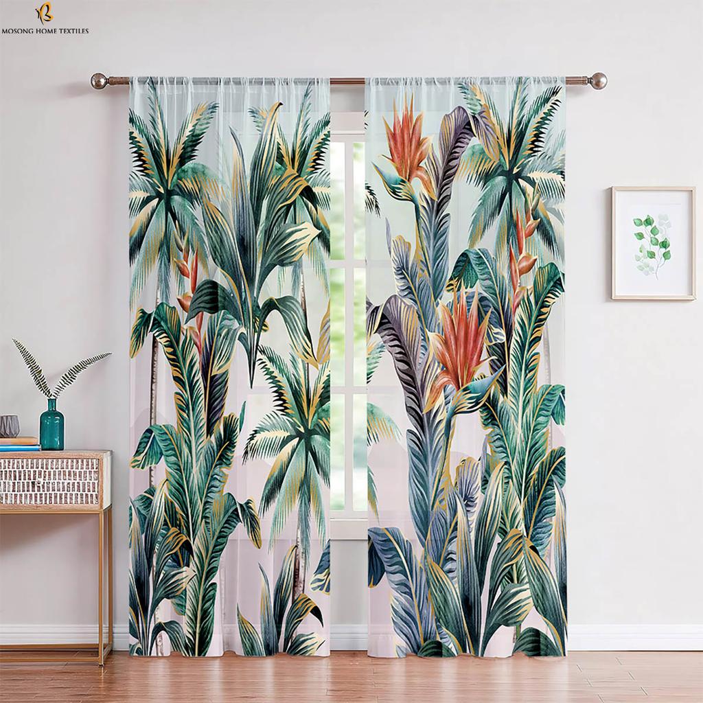 2pcs Tropical Vegetation Leaves 3D Printed Curtain Rod Pocket Machine Washable Bedroom Living Room Kitchen Decorative Curtains