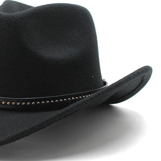 Vestlig Cowboyhatt for Menn Kvinner Filt Bredbremmet Cowgirlhatt med Sølvperler Rull opp Fedora-hatt for Wild West Kostymefest Halloween Cosplay