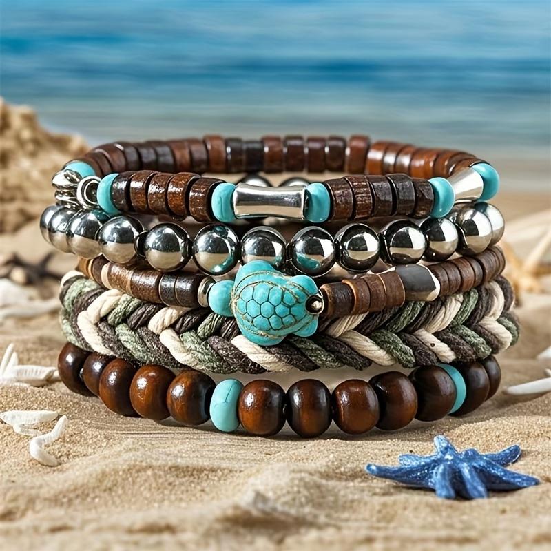 

1 изысканный набор браслетов в богемном стиле, сплетенный из бусин из черепахового дерева - ручная работа, регулируемый, модный аксессуар