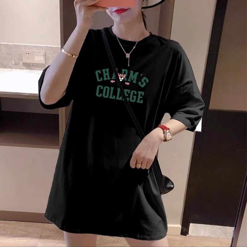 

2025 summer new cotton short-sleeved t-shirt women s Korean version simple loose large size casual pink top medium and long XXXXL