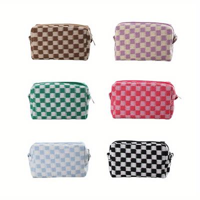 Korean Version Ins Checkerboard Makeup Bag, Large Capacity Knitted Storage Bag, Portable Travel Bag, Makeup Bag, Makeup Bag