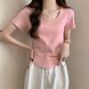 Front Shoulder Square Collar Short-sleeved T-shirt for Women's Solid Color Summer Top Fashionable Age-reducing Fish Bone Short Shirt