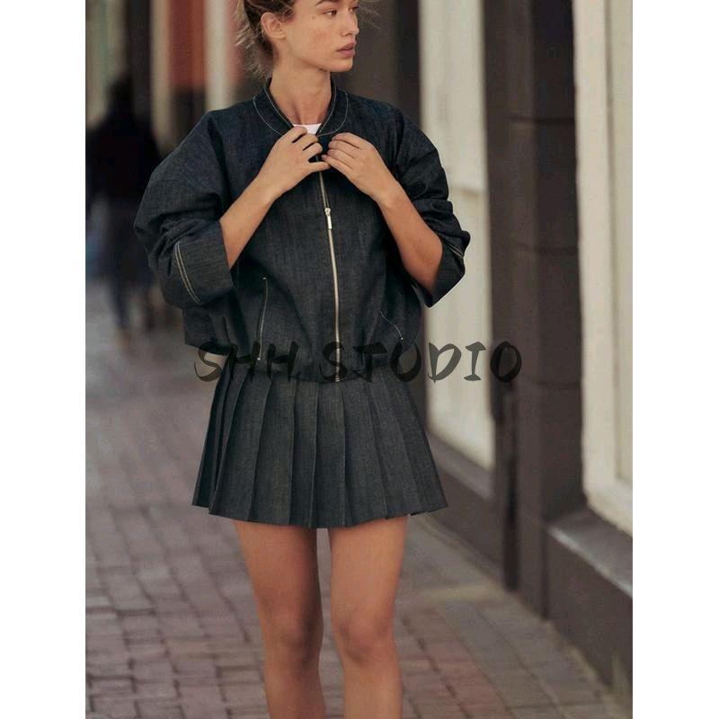 Balloon Version Denim Pilot Jacket Outwear 2152576 Wide Pleated Denim Skirted Leggings 2154576