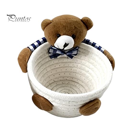 Gentle Color Storage Basket Desktop Basket, Cartoon Plush Bear And Rabbit Rope Decorative Plaid Bow Organizer Shape, Woven for Small Items Jewelry
