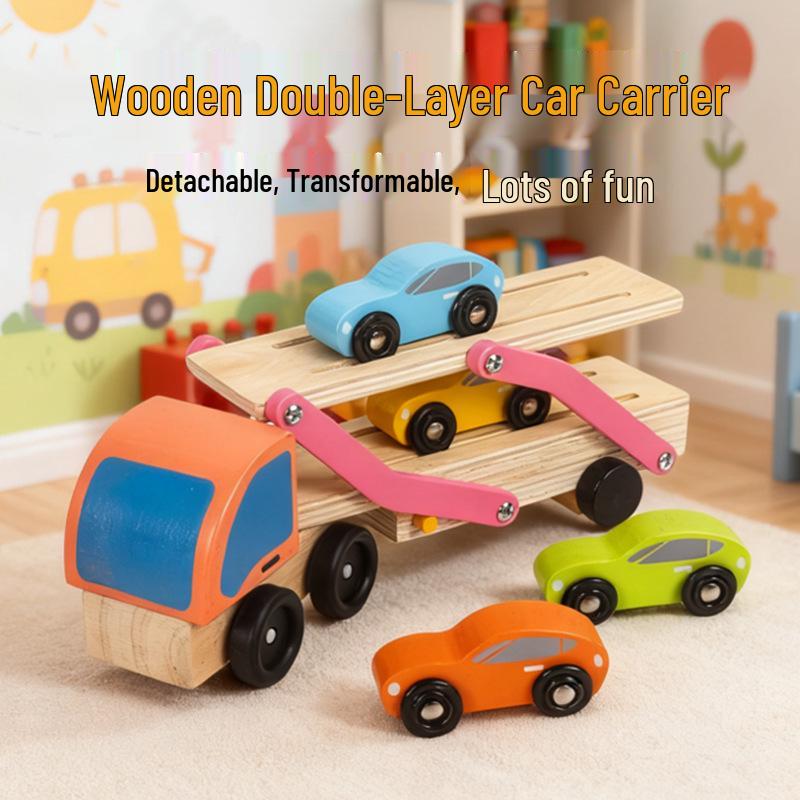 Children's Wooden Double-Layer Car Carrier & Transforming Tool Truck, Educational Toy