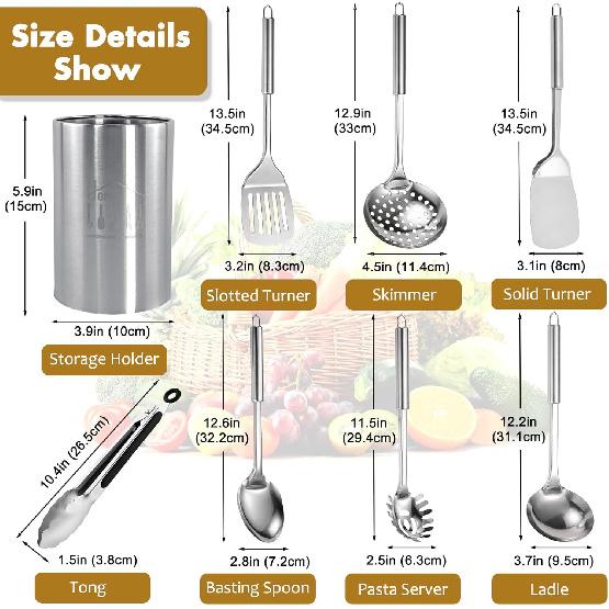 25Pcs Cooking Utensils Set, Stainless Steel Kitchen Utensils Set with Holder, Heat Resistant Metal Spatula Set Utensils Set for Cooking with Turners,