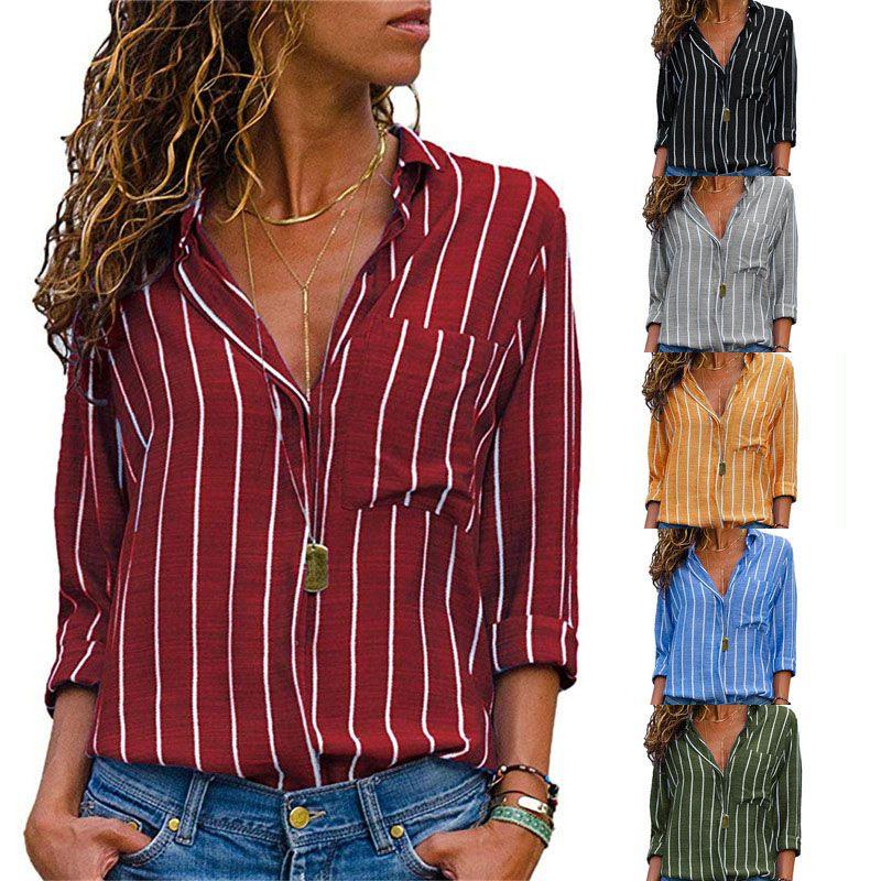Womens Long Sleeve Loose Blouse Casual Tops Featuring Elegant V-neck Button-up Design