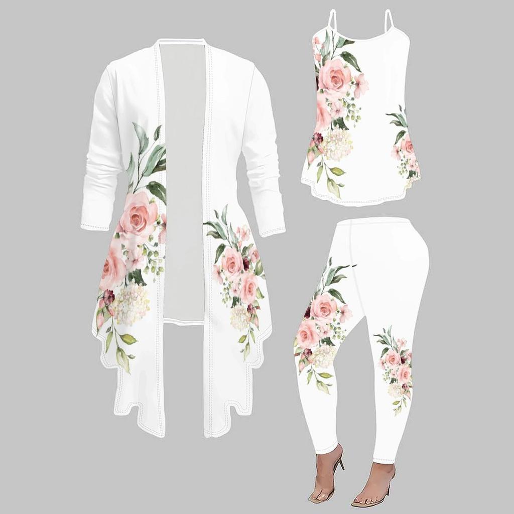 Plus Size Flower Print 3 Piece Outfit, Long Sleeve Open Front Cardigan Cami Top Leggings Set for Women
