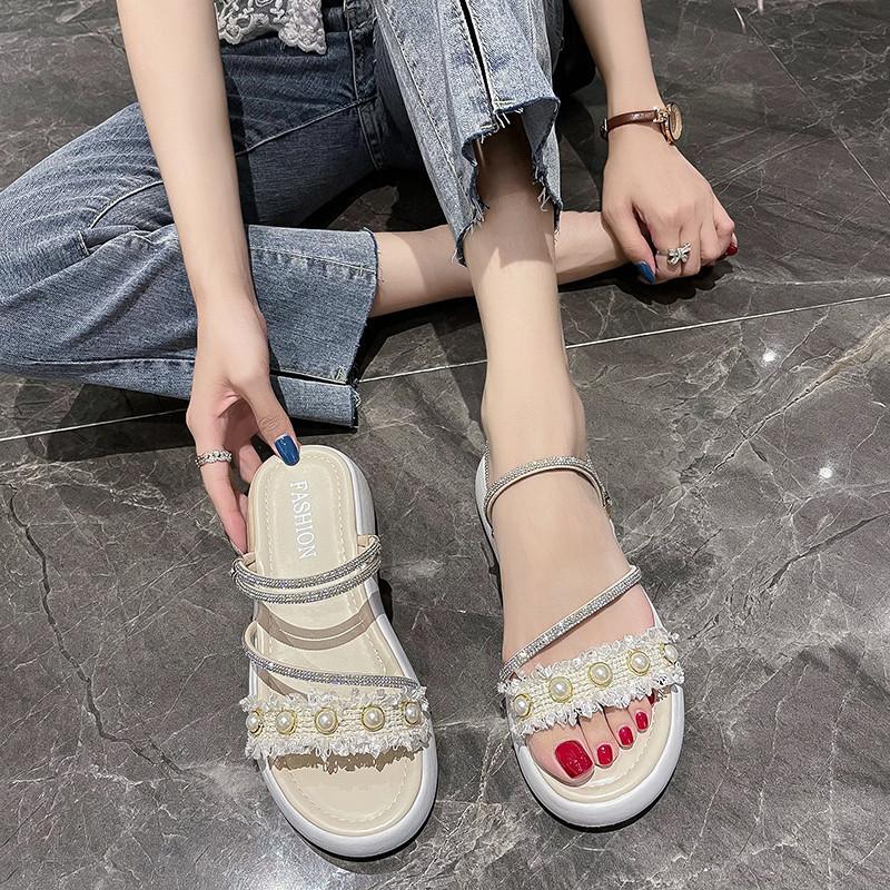 With skirt, two slippers for women, and 2024 summer new Korean version muffin thick-soled one-word bow sandals for women
