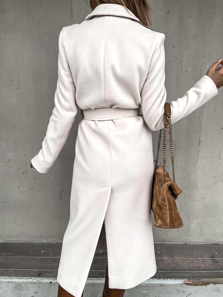 2024 Women's V-Neck Long Woolen Coat: Stylish Spring/Autumn Overcoat with Tie