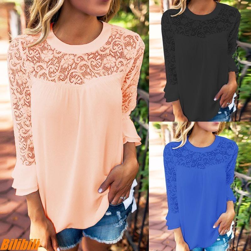 Elegant Chiffon Lace Blouse Loose Fit Pullover Long Sleeve T-shirt For Women