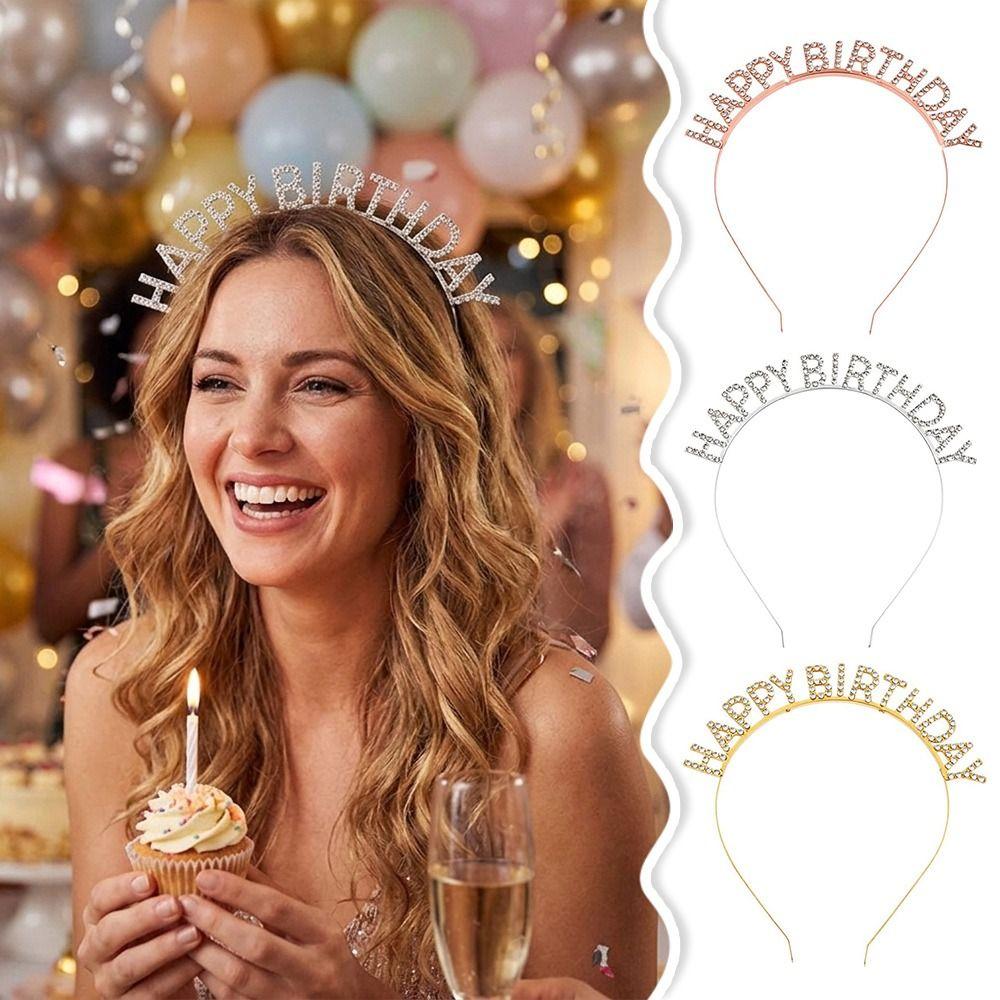 Glitter HAPPY BIRTHDAY Headband Metal Hair Accessories Crystal Birthday Tiaras Rhinestone Princess Hairbands Adult Girl