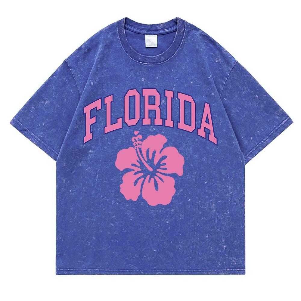 Florida Letter Simple Pattern Washed Retro Snow T Shirts Men Oversized Clothes Cotton Tops Casual Tee Loose Short Sleeve