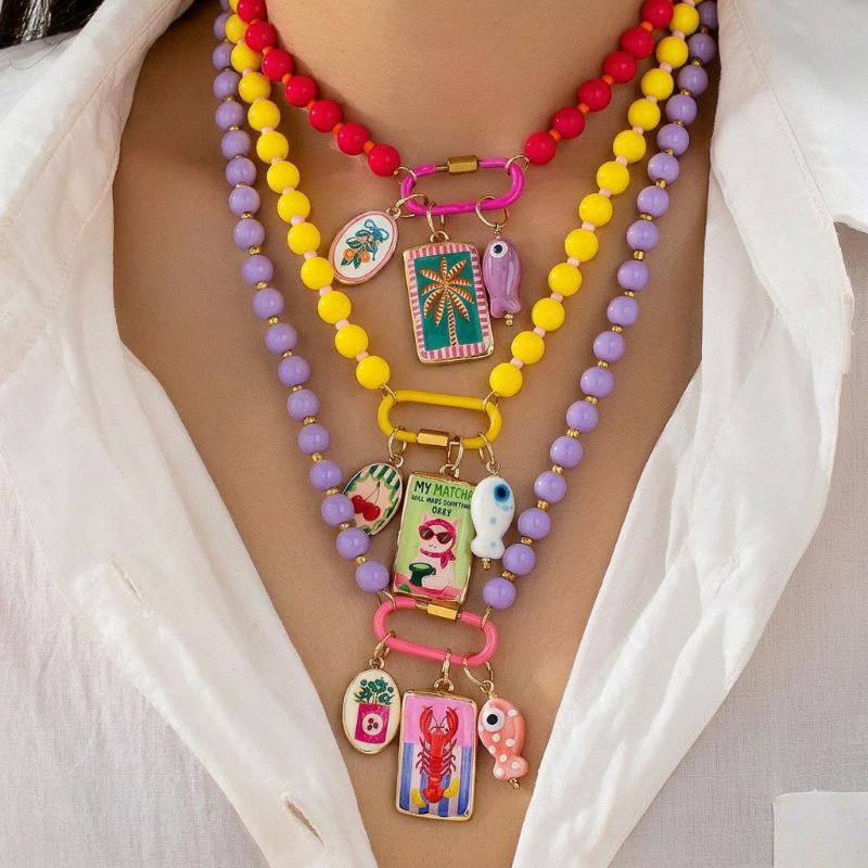 Bohemian Layered Summer Beach Necklace Acrylic Colorful Beads Fish Starfish Charms for Daily Dating Wear