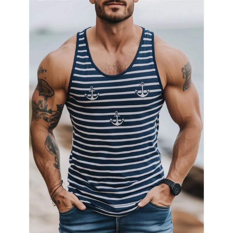 Retro Gestreept Grafisch Tanktops Voor Mannen Zomer Casual Dagelijkse Kleding Eenvoudige Mode 3D Geprint Vest Los Ademend Ronde Hals Tops