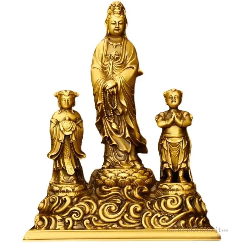 Copper Avalokitesvara Buddha statue the golden child and the jade girl offering ornaments home furnishing Buddha sculptures, 1Pc