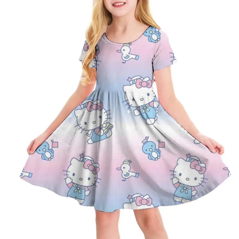 3D Printed Sanrio Hello Kitty Fashion Cartoon Pattern Cute Short Sleeved Dress Cosplay Youth