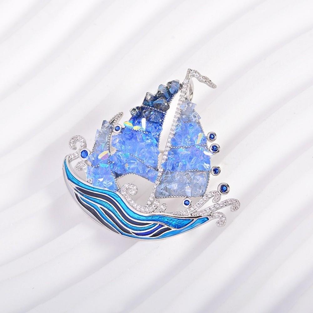 Fashion Blue Crystal Lucky Ship Brooch Pins Handmade DIY Enamel Brooch Rhinestones Jewelry Lapel Pin Accessories Women