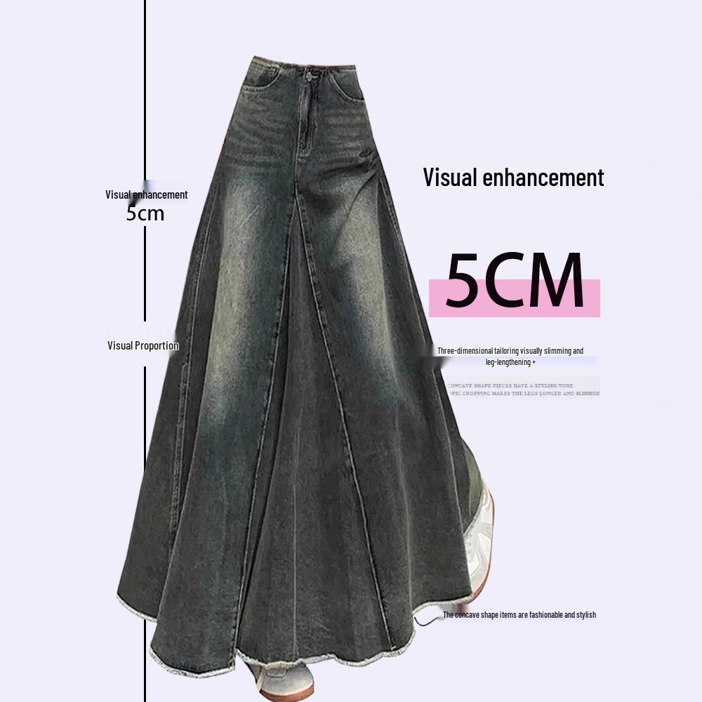 Plus Size Retro American-Style A-line Denim Skirt with Frayed Hem, High Waist, and Slimming Fishtail Design
