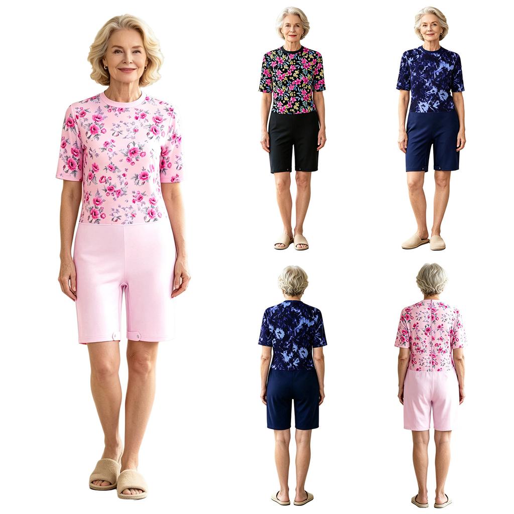 Womens Anti Strip Adaptive Jumpsuit Floral Printed Short Sleeve Back Zipper Crotch Zipper Romper Loungewear