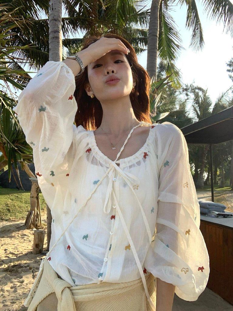 Women's Long Sleeve Lemon Green Tea Floral Embroidered Shirt – Slimming Tie-Up Sun Protection Top