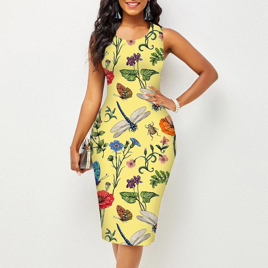 Women's Dress Sling Summer Butterfly Dragonfly Flower Print Dresses Tight Sleeveless Slim Fit Sexy Fashion Top Clothing