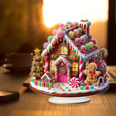 Ornament de birou acrilic de Crăciun Ornament plat pentru cabină cu zăpadă cu bază Ornament pentru cabană din busteni din satul de Crăciun pentru decorarea mesei de vacanță