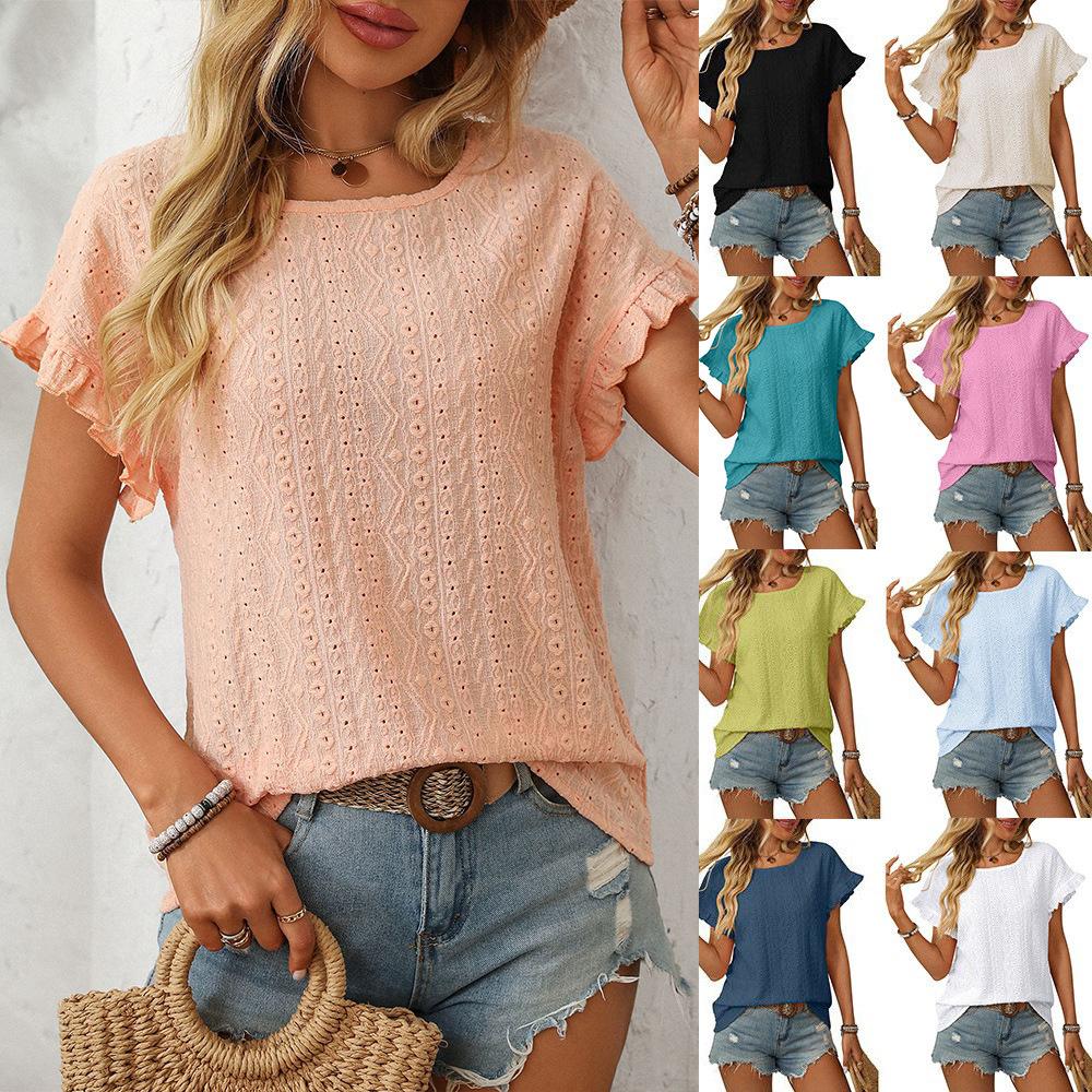 Women Solid Crew Neck Short Sleeve T‑Shirt Hollow Out Petal Sleeve Loose Casual Blouse For Spring Summer Daily Wear