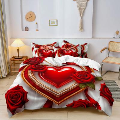 3pcs Valentine'S Day Bedding Set Romantic Heart-Shaped Rose Pattern Couple Duvet Cover Set Queen King Size Gifts for Lover