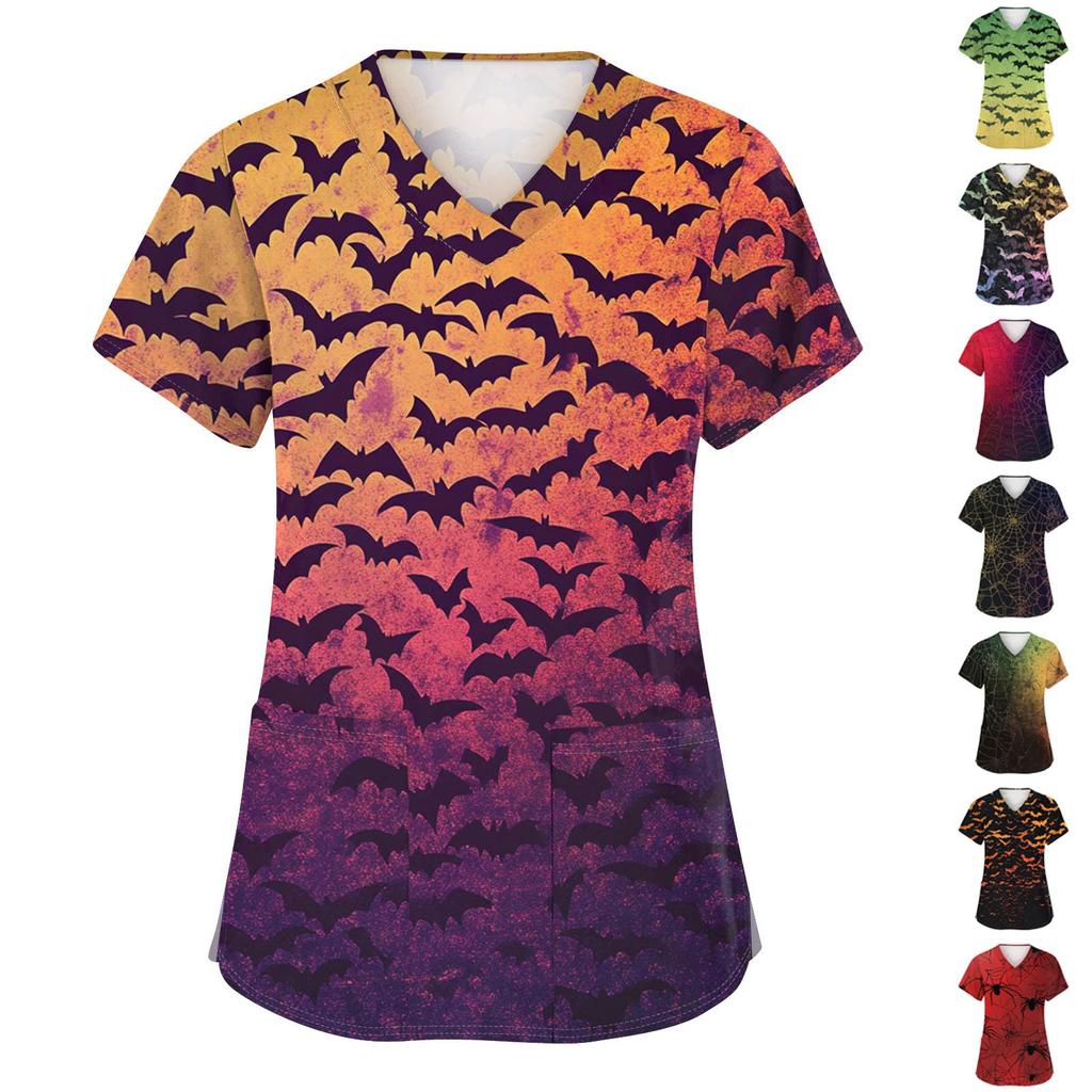 Damski modny uniform roboczy z krótkim rękawem i dekoltem w serek, z kieszeniami, top z nadrukiem na Halloween