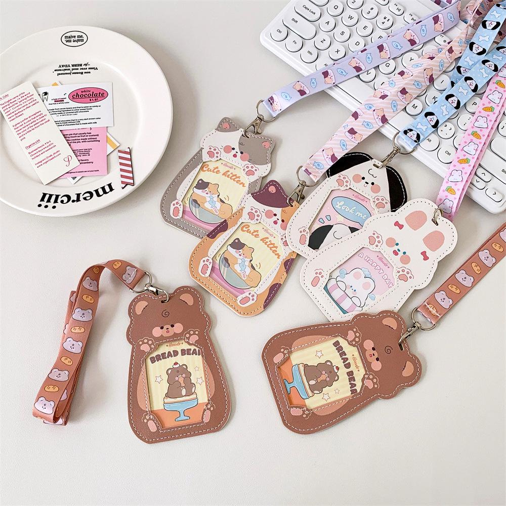 Cartoon Cat Transparent Durable Card Holder with Lanyard for ID, Bus, Meal Cards