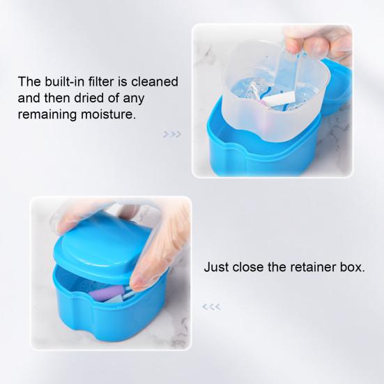Dentures Case Portable Soaking Denture Bath Box with Strainer Basket Invisible Brace Retainer Mouth Guard Dental Aligner Container Holder