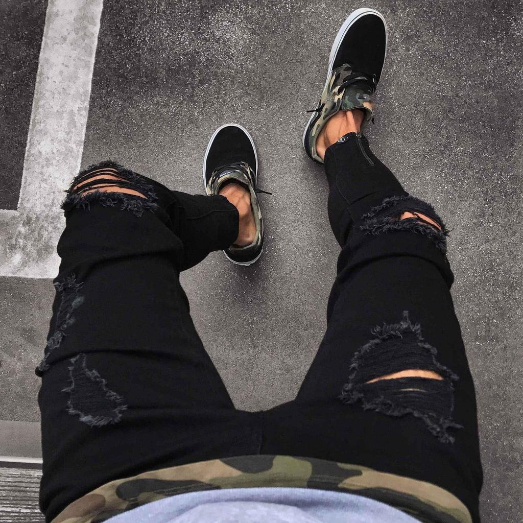 Black Hole Stretch Zipper Men's  In Europe and The United States Trend Small Leg Pants Plus Size