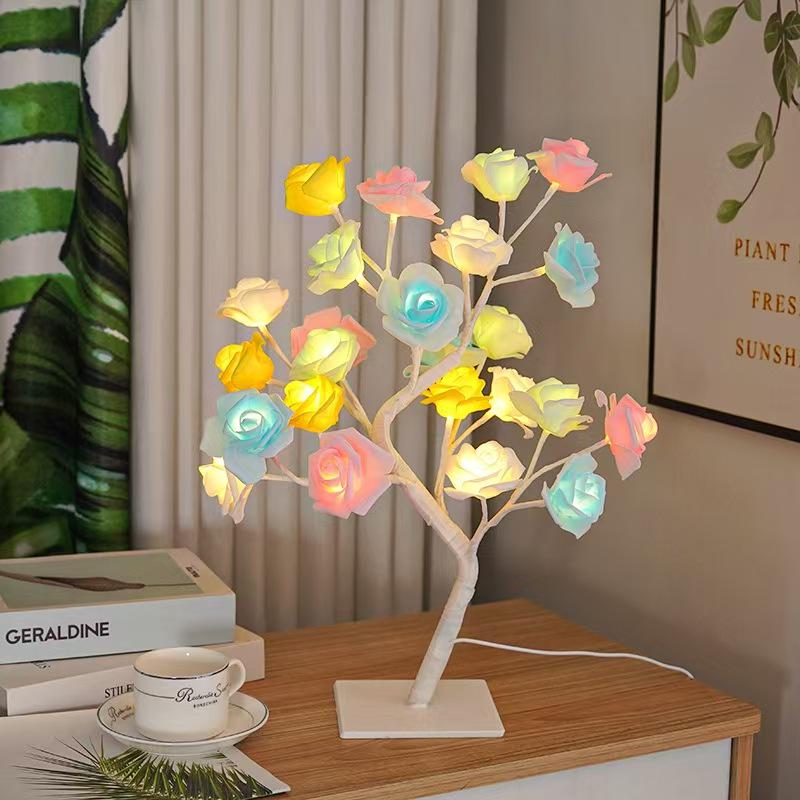 USB LED Cherry Blossom Crystal Tree Lamp for Room Decoration - Rose Flower Light with Colorful Simulated Lights