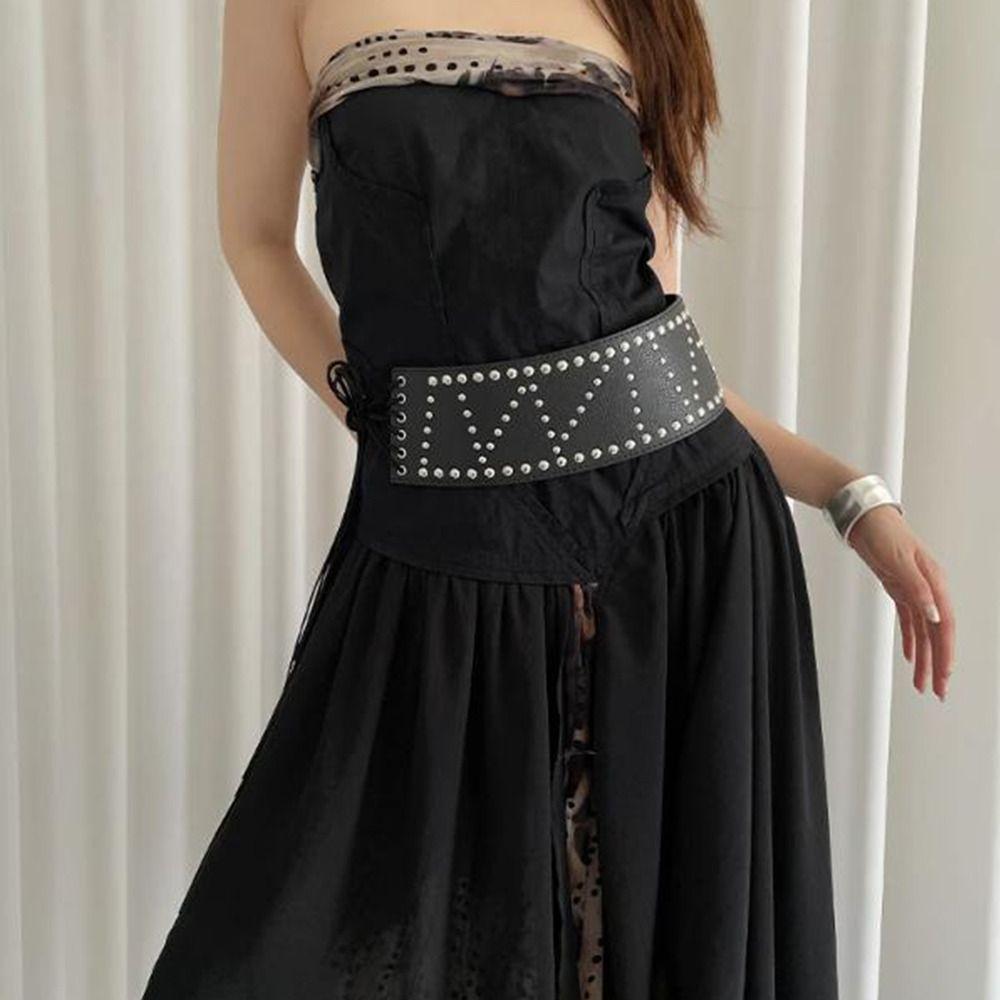 Y2k Leather Waist Belt Wide Women's Dress Belt Retro Cross Rivet Belt Waist Accessories