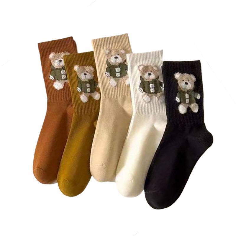 Little Bear Women's Cute Mid-Calf Feather Yarn Socks - Japanese Style in Coffee Color, Ideal for Spring & Autumn.