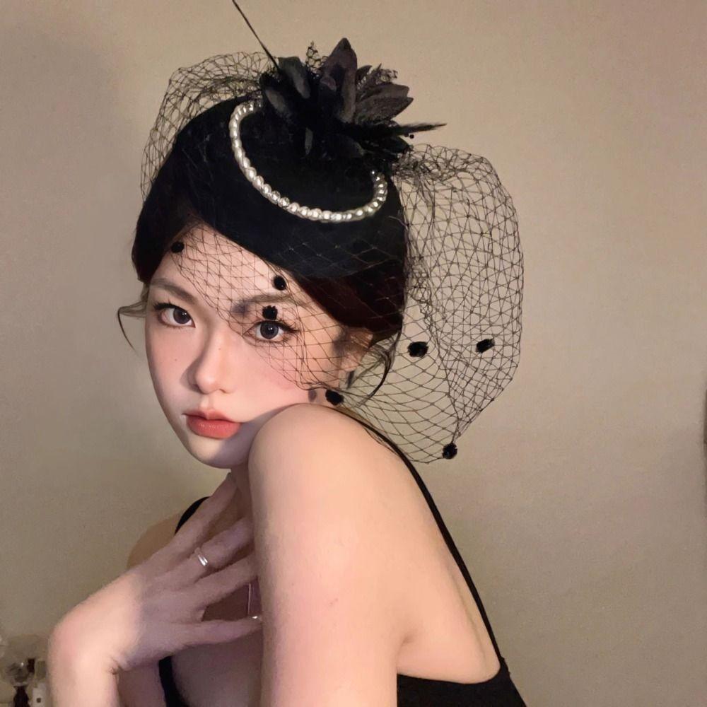 New Elegant Bridal Headwear Pearl Flower Mesh Wedding Veil Hat Temperament Vintage Pillbox Hats For Women
