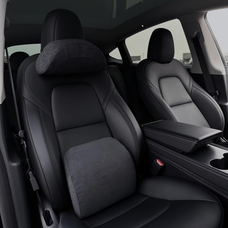 For Tesla Model 3 Model Y Headrest Lumbar Support Headrest Lumbar Backrest Cushion Rebound Suede Car Pillow Neck Protection