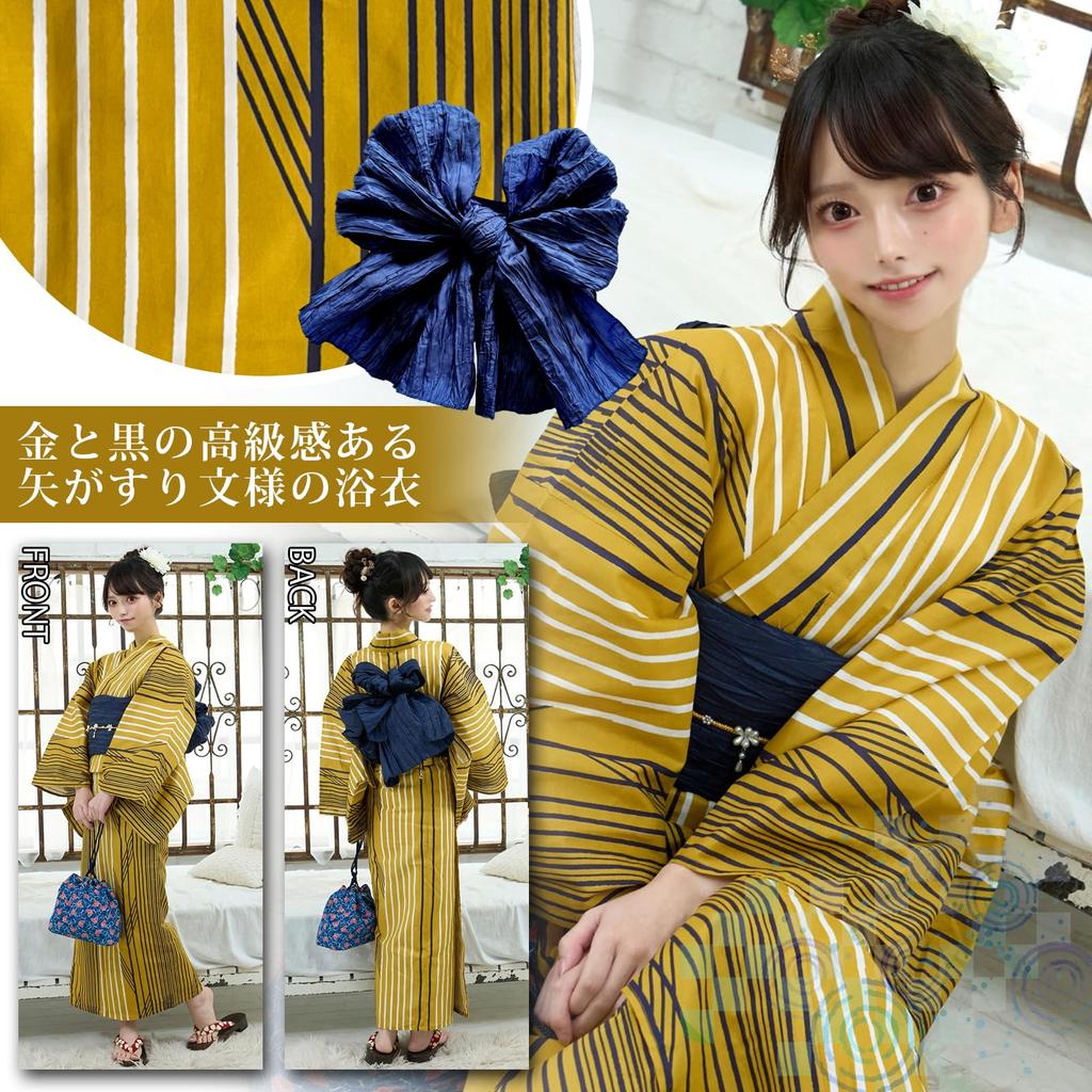 RAVIR Yukata Gold and Black with Arrow Fluffy Obi and Geta One Size Fits All Women's 3-Piece Set, Pattern, Belt, Sandals, Yellow,