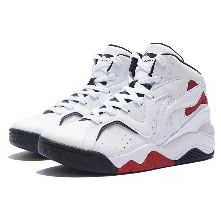 Li Ning Leather Basketball Culture Wear-Resistant Breathable High-Top Retro Basketball Shoes Women Sneakers White Red ABCS066-3