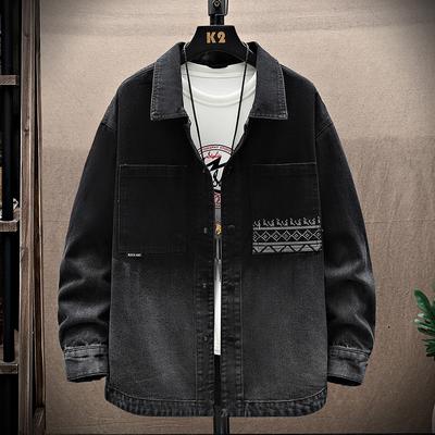 Men's Spring and Autumn Washed Denim Shirt Large Size Casual Denim Jacket Loose Vintage Floral Shirt