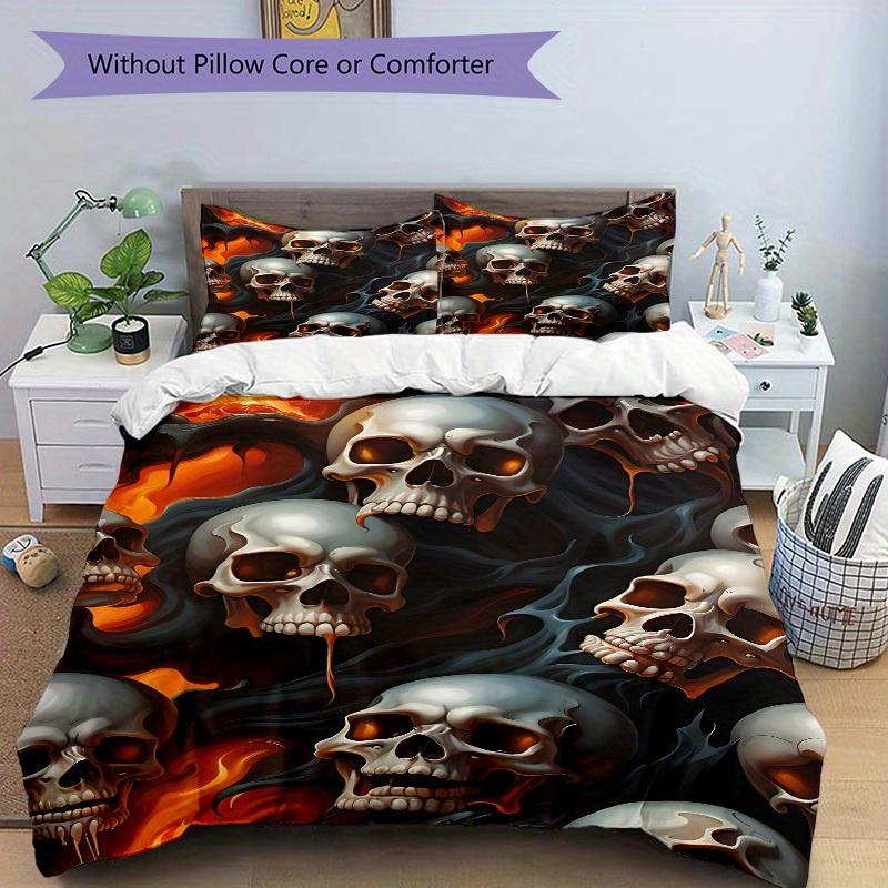 3pcs Skulls Flames Bedding Cover Set, Fashion Classic Popular Print Bedding Set, Soft Comfortable, All Season Use, For Bedroom, Guest Room (