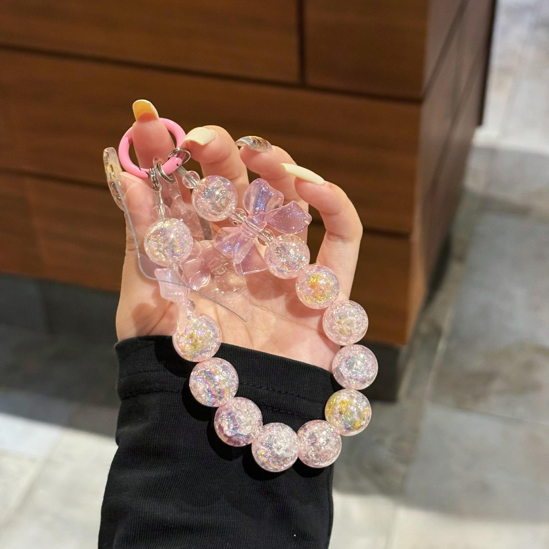 

3D Bowknot Beaded Laser Phone Chain New Phone Case Lanyard for Women Anti-Lost Keychain Hanging Chain Hand Strap Pink Bow